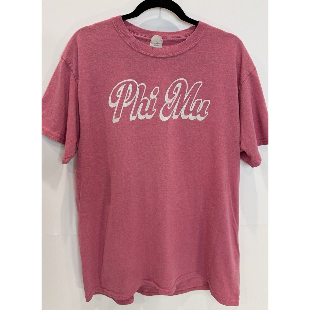 Phi Mu Sorority Women's L Pink Graphic T-Shirt Port & Company Short Sleeve Tee